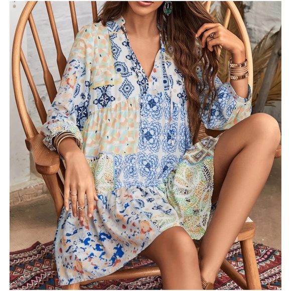 Boho Floral Print Ruffle Mini Dress - Picture 2 of 5